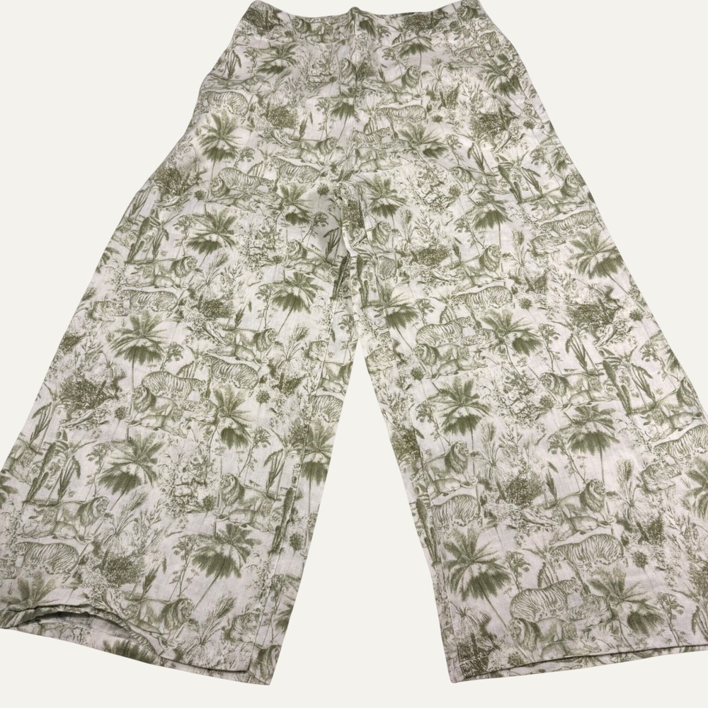 Rachel Zoe Wide Leg Linen Cropped Pants M Green White Safari  Print Culottes